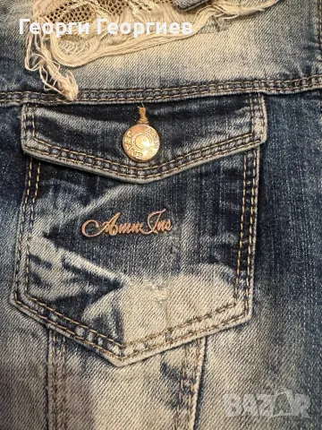 Уникално дънково яке с жълти акценти и дантела, снимка 2 - Якета - 49518331