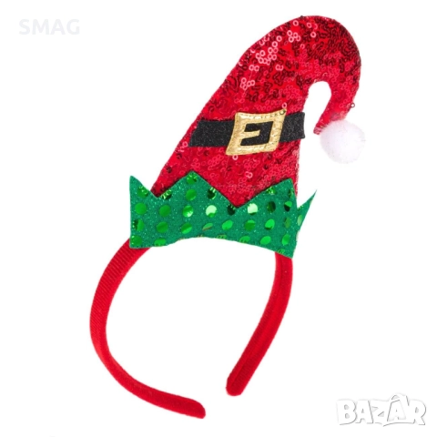 Коледна диадема за глава с елфска шапка червени пайети_1184247