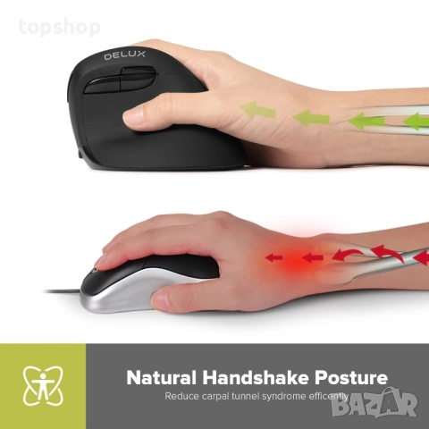 Чисто нова безжична вертикална мишка DeLUX, малка, презареждаща се, безшумна ергономична мишка ..., снимка 2 - Клавиатури и мишки - 51628780