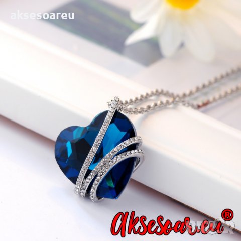 Дамско колие с висулка романтично чаровно синьо сърце кристал с посребрена верижка бижу верига мода , снимка 2 - Пръстени - 38380375