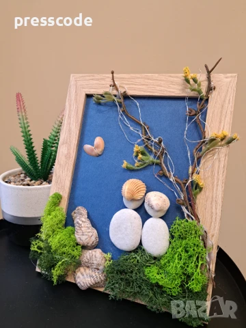 Светеща картина с камъни, миди и скандинавски мъх , снимка 2 - Картини - 50628277