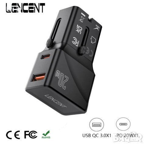 LENCENT Универсален адаптер бързо зарядно с 1 USB QC 3.0 порт и 1 PD 20W Type-C за EU/UK/USA/AUS, снимка 1