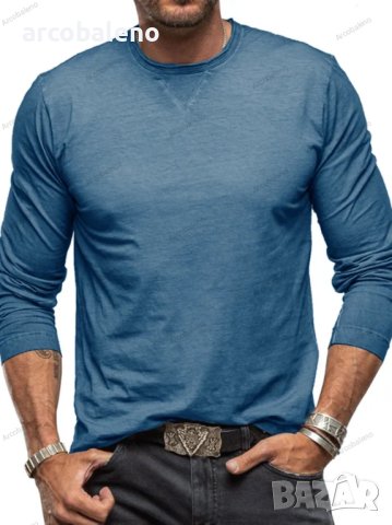 Мъжка едноцветна памучна тениска с кръгло деколте и дълъг ръкав, 6цвята, снимка 7 - Тениски - 43507038