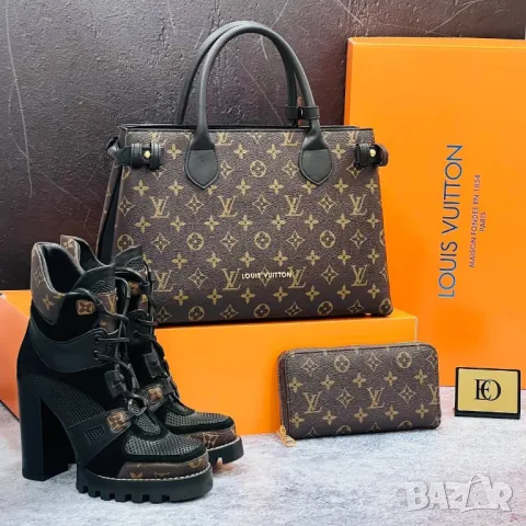 дамски комплекти боти на ток от естествена кожа, чанта / раница и портмоне louis vuitton , снимка 7 - Чанти - 48341012