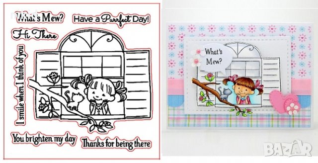 Момиченце през прозорец силиконов гумен печат декор бисквитки фондан Scrapbooking