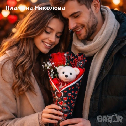 Романтичен букет с плюшено мече и роза