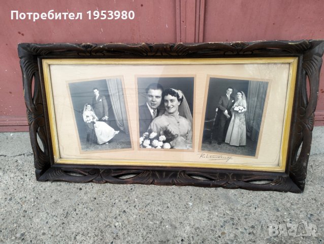 Антикварна дървена рамка с триптична сватбена снимка, снимка 1 - Антикварни и старинни предмети - 43998698
