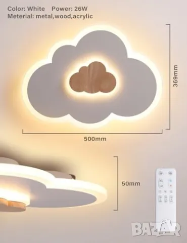 Облак лед led таванна лампа, 50cm 26W дървена детска  с дистонционно, снимка 5 - Лампи за таван - 47643886