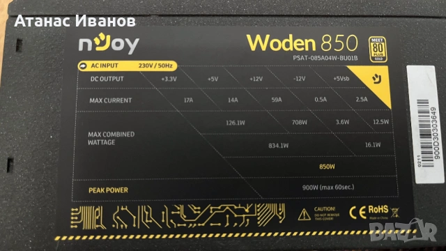 Захранване nJoy Woden 850W 80 Plus Gold, снимка 4 - Захранвания и кутии - 53582006