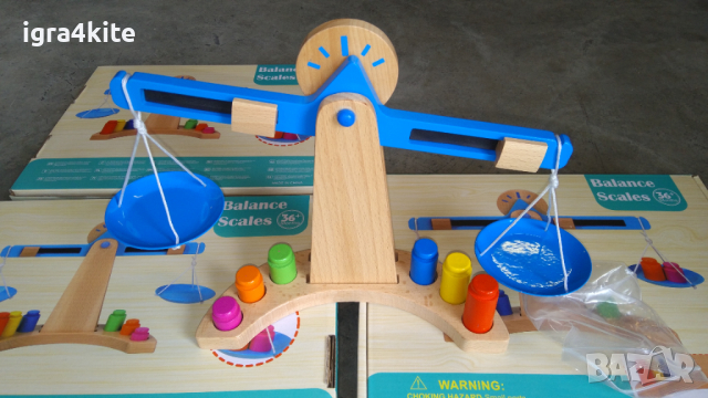 НАМАЛЕНА ЦЕНА! Дървена везна с метални чинийки дървени тежести и магнитна скала, снимка 5 - Образователни игри - 36522235