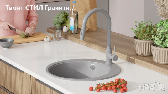 Сива кръгла кухненска мивка от гранит Пиза 45 Top 500 x 500 мм, снимка 3 - Мивки - 50782877