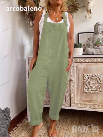 Дамски гащеризон с джобове от памук и лен с регулируема катарама, 3цвята, снимка 4 - Гащеризони - 40648106