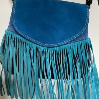 Чанта естествен велюр, ново, кожена, синя, с ресни, снимка 1 - Чанти - 40180300