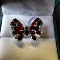 Елегантен сребърен 925 пръстен "Пеперуда" с родиево покритие и Натурални Гранати и Циркони!, снимка 3 - Пръстени - 44848133
