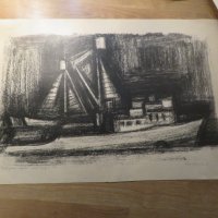 картина - Рибарски кораби - рисувана  1965 г. една картина от професионалист - Елка Будинов, снимка 1 - Антикварни и старинни предмети - 26852646