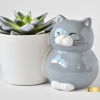 Котка - Кашпа за сукуленти / Подарък за дома / Керамична кашпа с котка , снимка 4 - Саксии и кашпи - 40513352