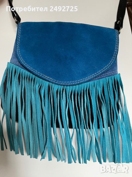Чанта естествен велюр, ново, кожена, синя, с ресни, снимка 1