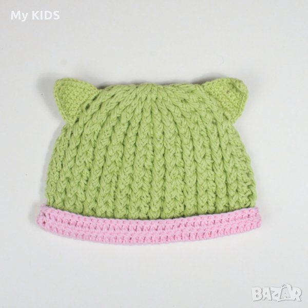 бебешка шапка с ушички плетка памук ръчна изработка, снимка 1