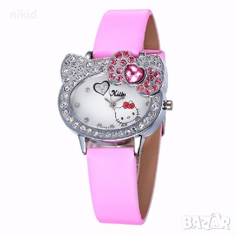 Хелоу Коте Кити Hello Kitty детски ръчен часовник с камъчета и сърце, снимка 1