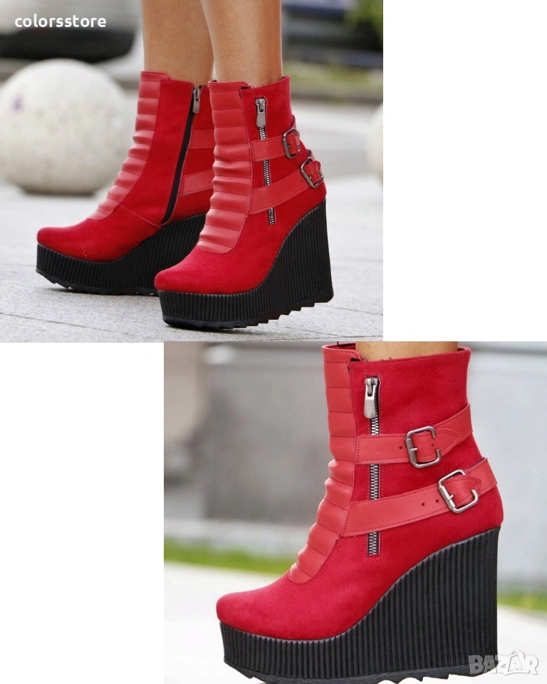 Боти на платформа - червен велур - B2001, снимка 1