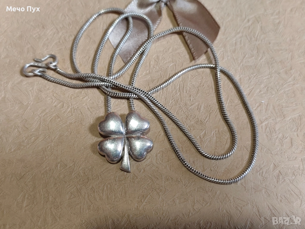 Сребърен синджир с висулка Детелина (379), снимка 1