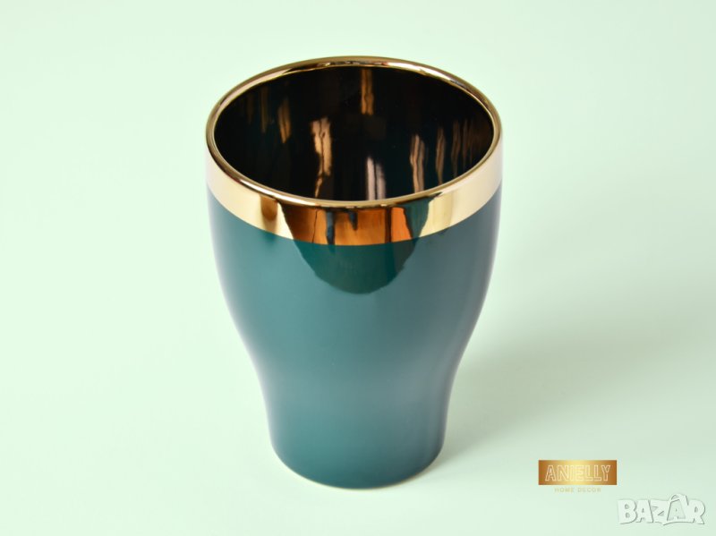 Саксия в тюркоазен цвят със златен кант / Подарък за любител на цветя / Тюркоазен цвят саксия, снимка 1