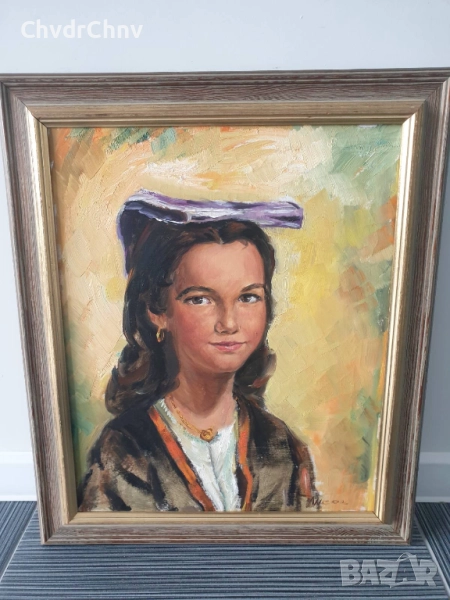 Nicol 65х55см/картина масло върху платно/женски портрет/момиче в народна носия/дървена рамка, снимка 1
