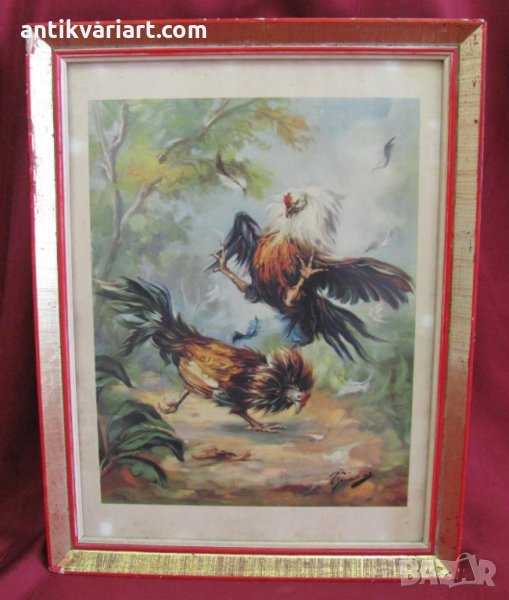 Стара Цветна Литография в оригинална рамка със стъкло, снимка 1