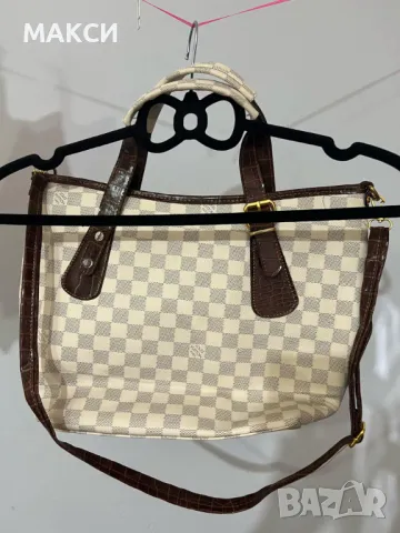 Дамска кожена стилна чанта в екрю и кафяви части имитация крокодилска кожа с къси и дълга дръжки/а, снимка 2 - Чанти - 47820913