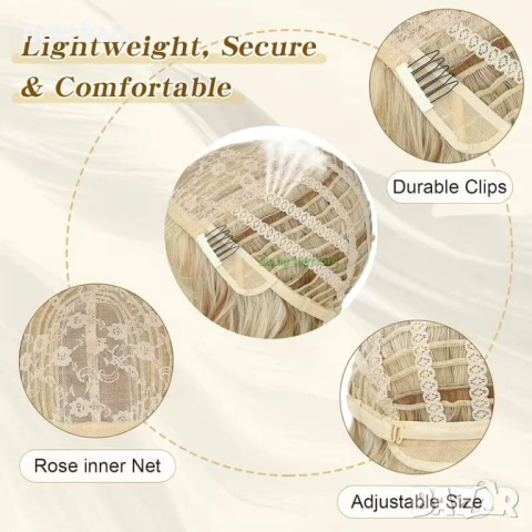 Златисто руса вълнообразна перука с бретон - 40 см, снимка 4 - Аксесоари за коса - 53192780