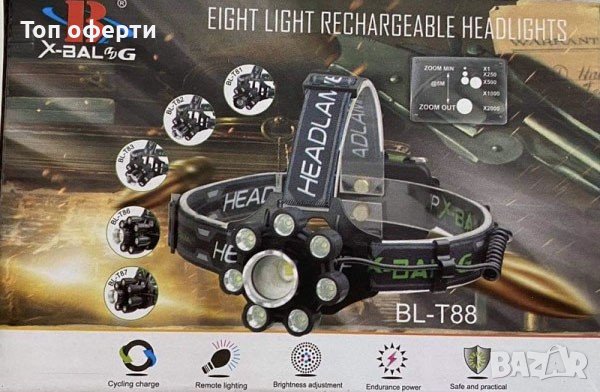 Челник X-BALOG BL-T88 с 1 брой XML T6, 7 броя CREE XML COB диоди, ZOOM, снимка 2 - Къмпинг осветление - 37883862