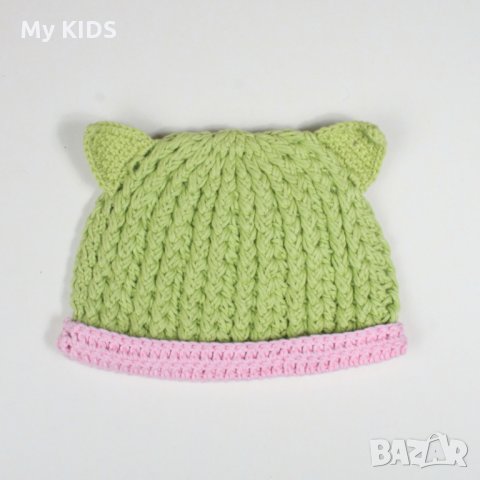 бебешка шапка с ушички плетка памук ръчна изработка, снимка 1