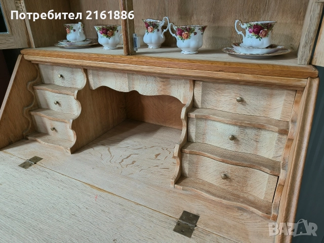 Дъбово писалище с надстройка с оловен витраж , снимка 7 - Шкафове - 52724858