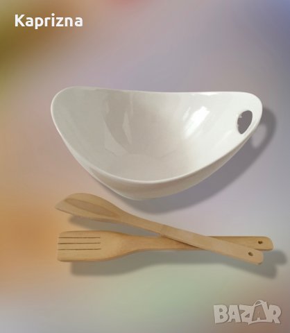 купа за салата с бамбукови прибори, снимка 2 - Прибори за хранене, готвене и сервиране - 35779742