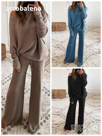 Дамски едноцветен ежедневен костюм с отворени рамене, 3цвята 