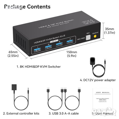 VPFET HDMI&DP KVM превключвател 2 монитора 2 компютъра 4K120HZ 8K60HZ, снимка 7 - Кабели и адаптери - 44081912