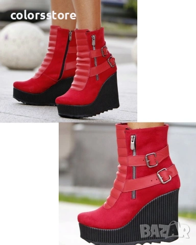 Боти на платформа - червен велур - B2001