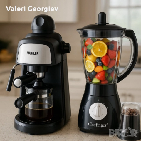 Комплект от еспресо машина MUHLER MCM-33 + 2 стъклени чаши и блендер с мелничка Cheffinger Home CF-P, снимка 5 - Кафемашини - 52416481
