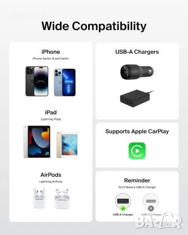 2 броя Belkin плетен USB-A към Lightning кабел 1,5 м - мек, гъвкав кабел за бързо зареждане, бели, снимка 5 - Аксесоари за Apple - 50422965