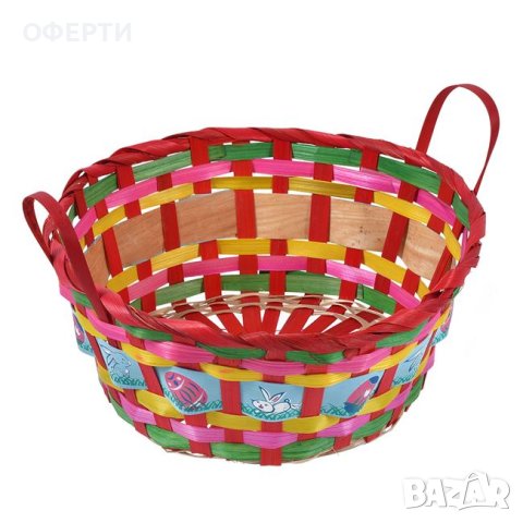 Великденска декоративна кошница Кръгъл червен плетен дизайн с дръжки Ø26x11см, снимка 1 - Декорация за дома - 44059127