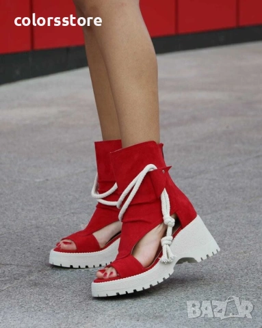 Летни боти на платформа - червен велур - LB44