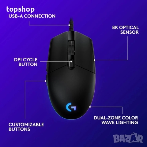 НОВА, тествана геймърска мишка Logitech G203 LightSync с кабел, 8000 DPI, Rainbow Optical Effect..., снимка 5 - Клавиатури и мишки - 51615196