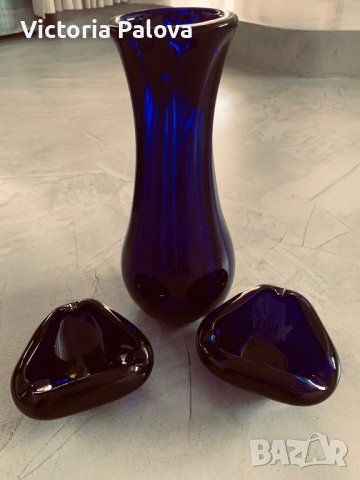 Винтажна ваза и два пепелника гутно стъкло 1970г, снимка 3 - Вази - 37411372