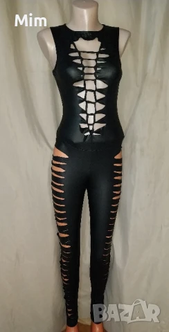  S/M Черен еластичен гащеризон на ленти , снимка 4 - Гащеризони - 50901857