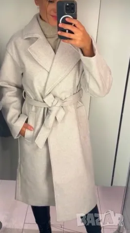 Дълго дамско палто с колан, светлобежово, снимка 10 - Палта, манта - 49220202