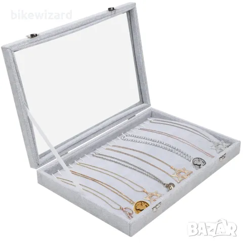 BELLE VOUS Сива кадифена поставка за бижута 20 кукички стъклен капак НОВО, снимка 4 - Други - 49858419