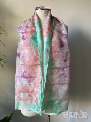 Копринен шал в розово и светло зелено, снимка 3 - Шалове - 43567455