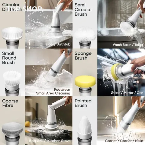 Diivoo Електрическа безжична почистваща четка за домашна употреба, 6 сменяеми глави, 2 скорости, снимка 5 - Мопове, кофи, четки и метли - 49627305