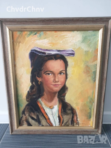 Nicol 65х55см/картина масло върху платно/женски портрет/момиче в народна носия/дървена рамка
