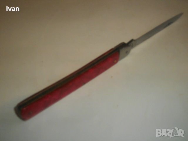 Българско Соц ножче ножка джобно туристическо 18,5 см с дръжка от червен каталин, снимка 9 - Антикварни и старинни предмети - 53420295